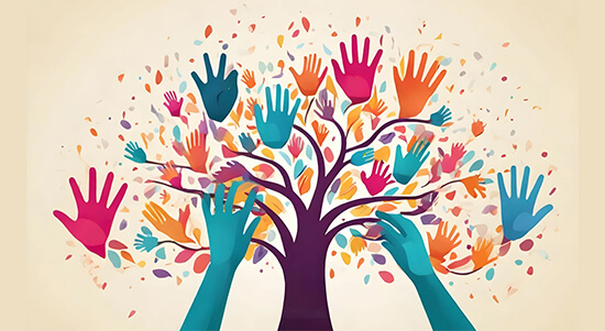 Animated image of human hands forming tree to depict togetherness
